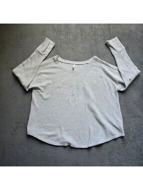 Mudd Womens XL Gray Waffle Knit Thermal Long Sleeve Shirt Top Curved Hem Cozy
